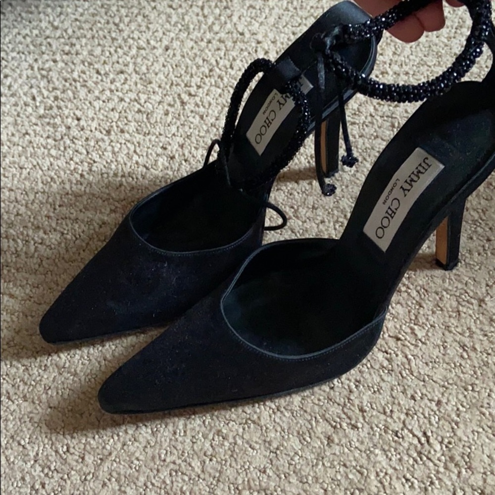 JIMMY CHOO Peau de soie BLACK ANKLE STRAP HEELS